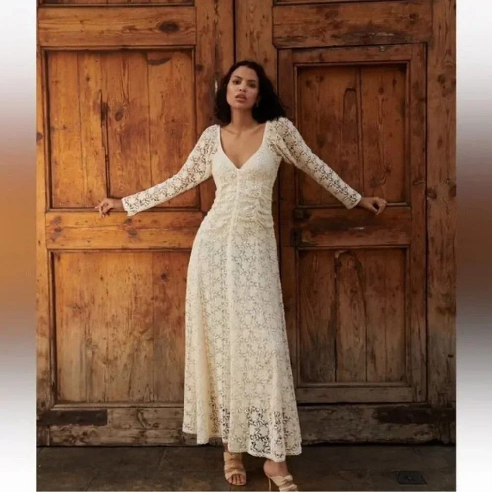 BYTIMO   Long Sleeve Lace Maxi Dress In 003 - Off White. Sz: M
